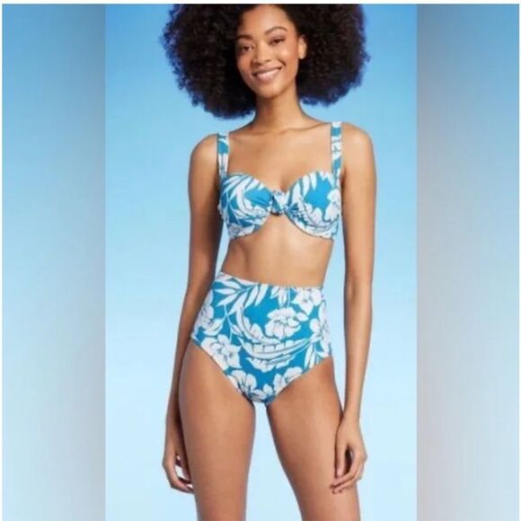 NWT Shade & Shore Small (4-6) Blue White Floral Waist High Bikini Swim Bottom - Picture 3 of 7